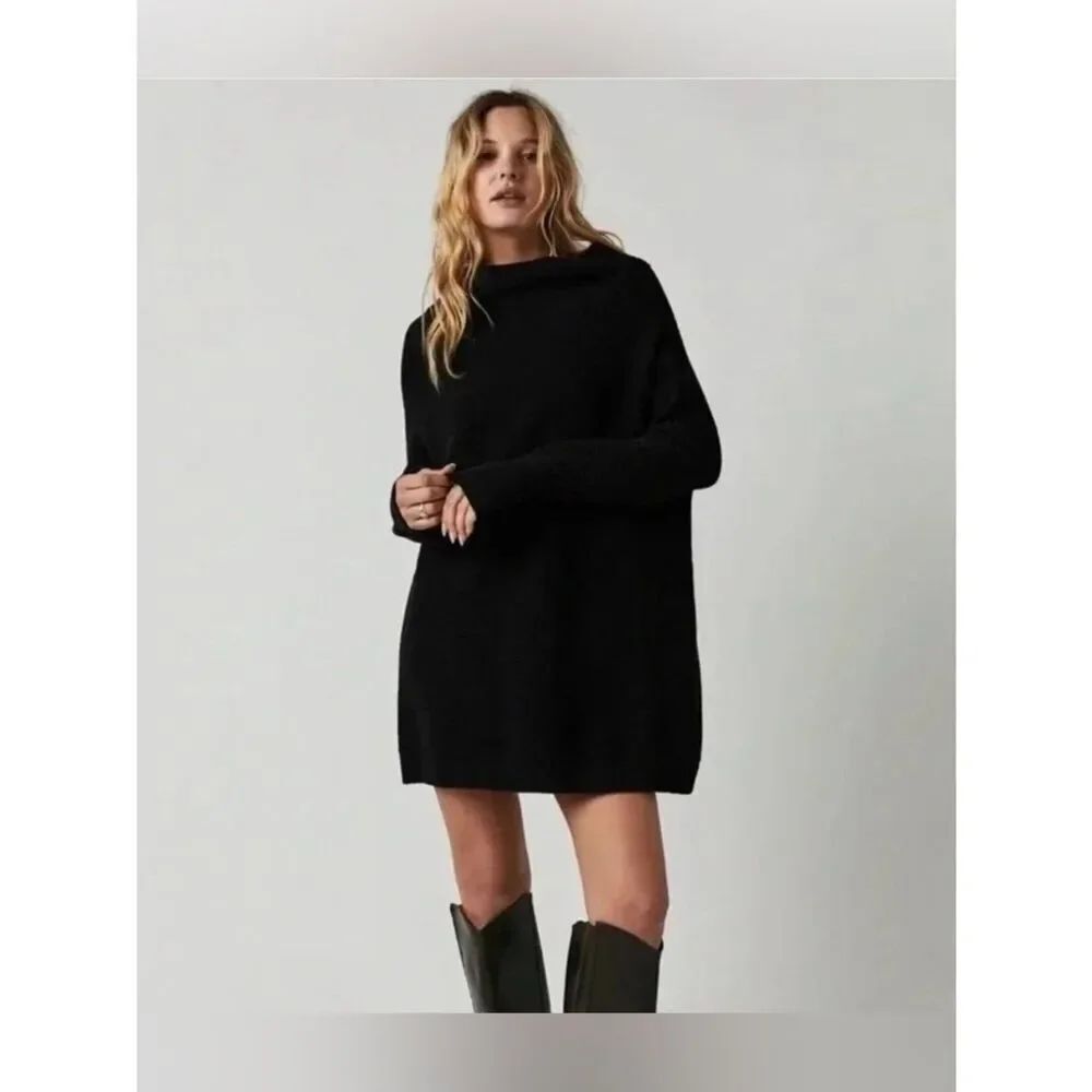 Free People Ottoman Slouchy Tunic Sweater Black Oversized Cozy Size S